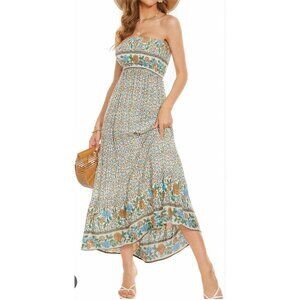 Rosemia Medium Summer Strapless Beach Sun Boho Party Maxi Floral Event Dress